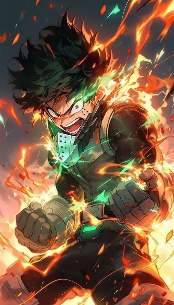Deku bốc lửa xanh cam quanh người, dáng lao lên cùng hiệu ứng Kosei khiến khung hình mãnh liệt