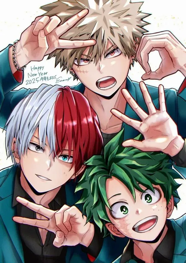 Ảnh nền dọc Todoroki, Bakugo và Deku tạo dáng vui trước nền sáng, biểu cảm tay chữ v nhí nhảnh