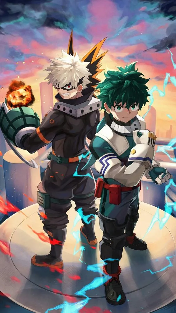 Bakugo và Deku đứng trước nền pastel, Todoroki ngồi phía sau làm ảnh điện thoại học viện anh hùng trẻ trung