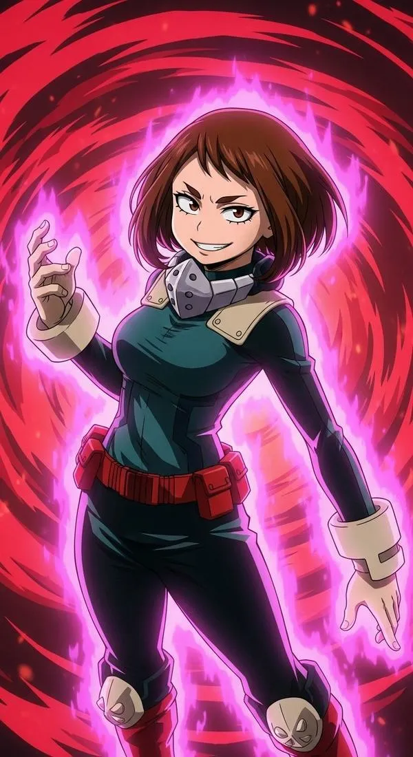 Ảnh đại diện anime Uraraka đứng trong vòng năng lượng hồng, nụ cười tự tin và tư thế tay tạo cảm giác rạng rỡ