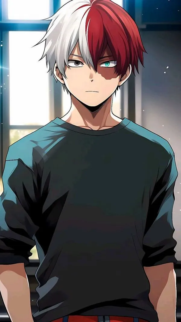 Todoroki trong khung manga đen trắng, nét mực sắc và bóng đổ mạnh quanh mắt trái, biểu cảm kiệm lời nhưng khá căng
