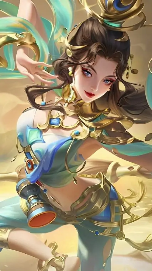 Lauriel Lạc Thần tạo dáng thẳng người trong bộ váy xanh vàng, ánh mắt trong veo và dải lụa cổ trang cuốn quanh thân