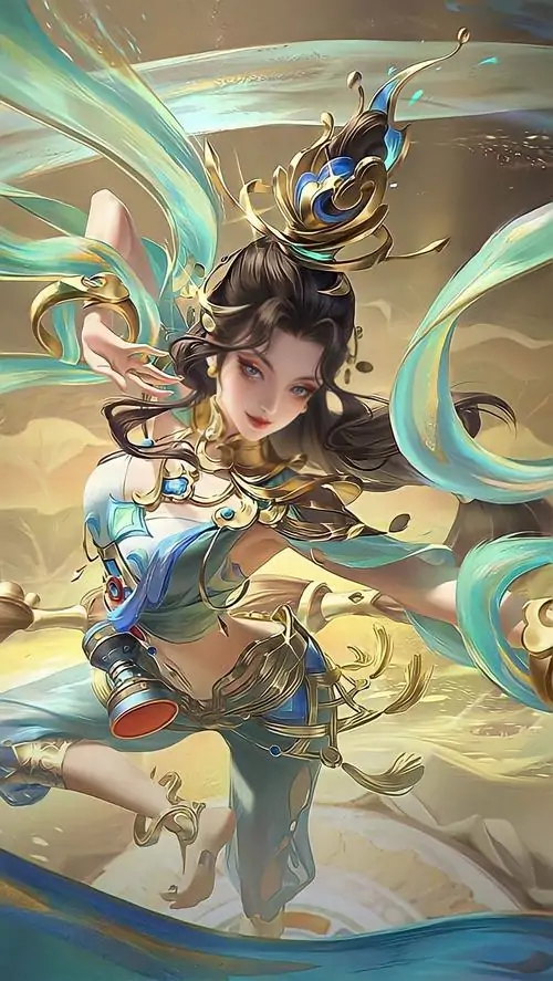 Lauriel trong tạo hình Lạc Thần múa giữa luồng sáng ngọc, gương mặt bình thản, tóc búi cao và dải lụa bay theo chuyển động nhẹ