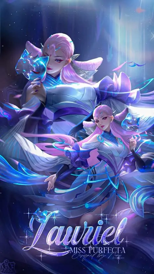 Lauriel đứng giữa ánh xanh vũ trụ với tóc bạc, cánh năng lượng tím lam và chữ ký mềm phía dưới tạo cảm giác poster sảnh chờ