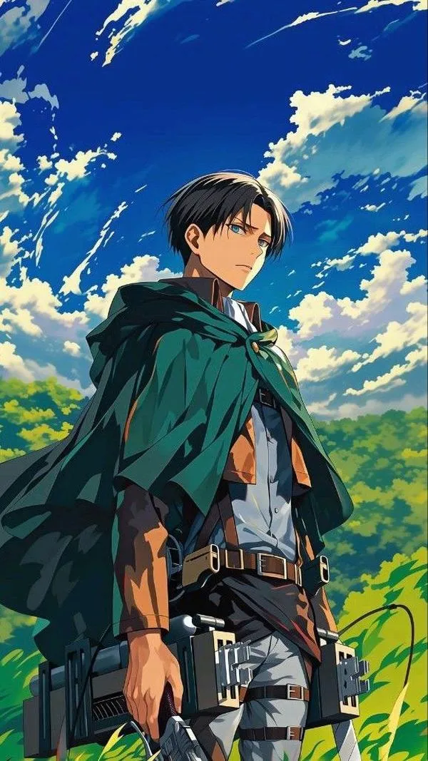 Dưới bầu trời cao rộng bao la của thế giới Tấn công Titan nhân vật Levi Ackerman khoác chiếc áo quân đội đứng im lặng nhìn về phía chân trời xa với đôi mắt u uẩn