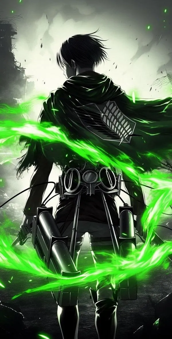 Hình bóng đen của Levi Ackerman đứng sừng sững trước một vòng tròn năng lượng màu xanh lá cây rực sáng làm nổi bật biểu trưng Đôi cánh tự do đầy uy nghiêm