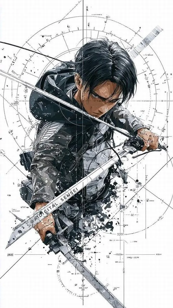 Chiến binh Levi Ackerman vung vũ khí lao đi vun vút giữa những vệt mực đen trắng loang lổ trên nền giấy sáng làm nổi bật kiểu tóc undercut gọn gàng đầy thanh thoát