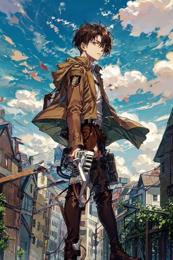 Nhân vật Levi Ackerman đứng tựa lưng vào lan can gỗ dưới bầu trời xanh ngắt đầy mây trắng bên cạnh cậu thiếu niên Eren Yeager với vẻ mặt rất bình thản