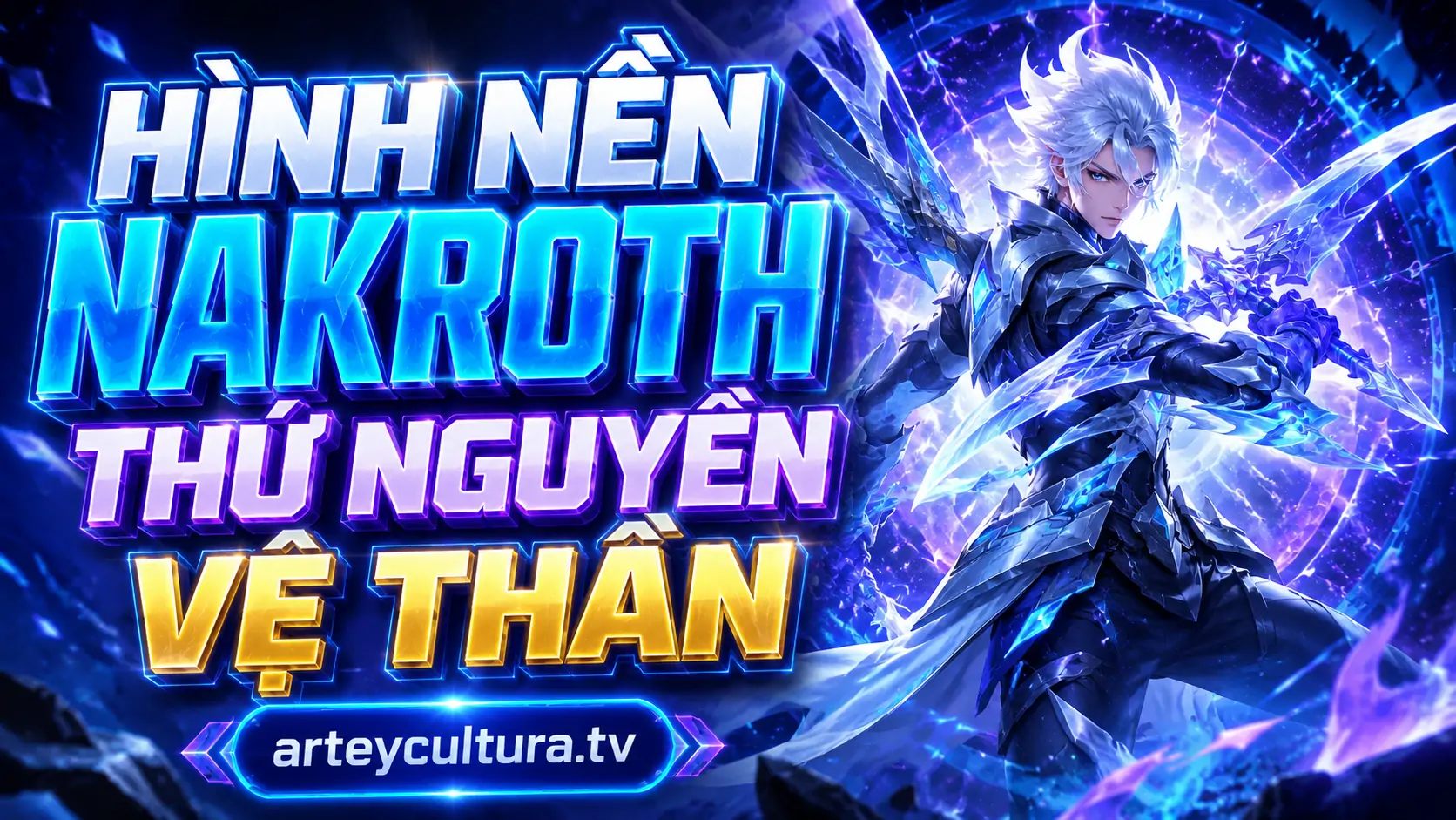 41 Hình Nền Nakroth Thứ Nguyên Vệ Thần SSS cực ngầu với ánh xanh neon giáp trắng, tóc bạch kim nổi bật