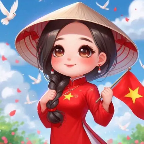 Hình đại diện bé gái mặc áo đỏ sao vàng đứng giữa hoa hướng dương, đôi mắt lấp lánh và gam màu rực rỡ rất bắt mắt