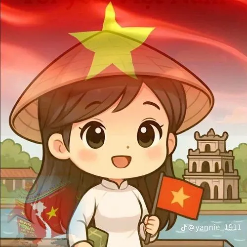 Em nhỏ áo xanh cầm lá cờ sao vàng trong tay, phía sau là bóng dáng đoàn người và bầu trời lễ hội nhẹ nhàng