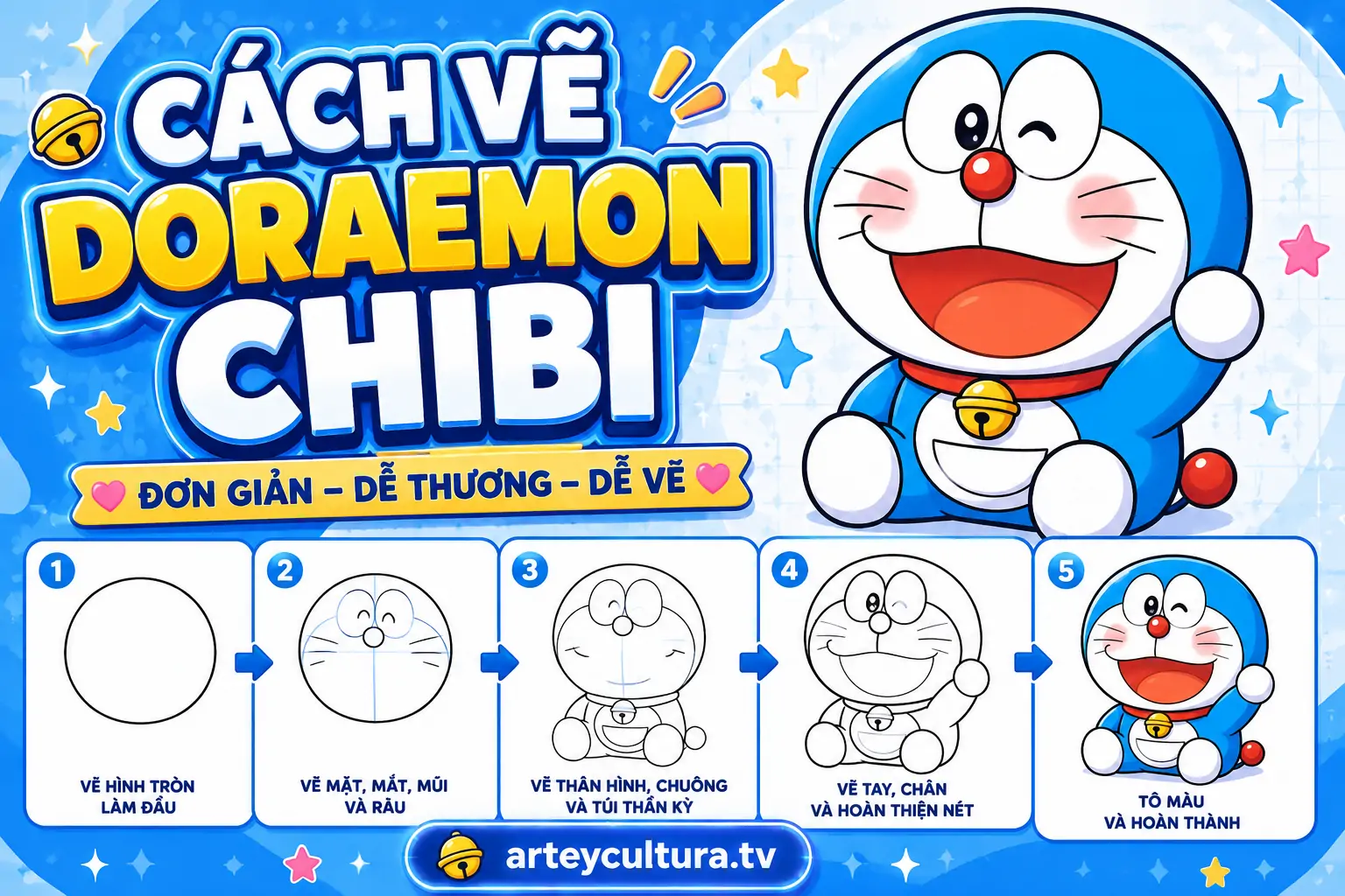 Hướng dẫn 2 Cách vẽ Doraemon Chibi đơn giản bằng kỹ thuật dựng hình, đi nét và tô màu cơ bản