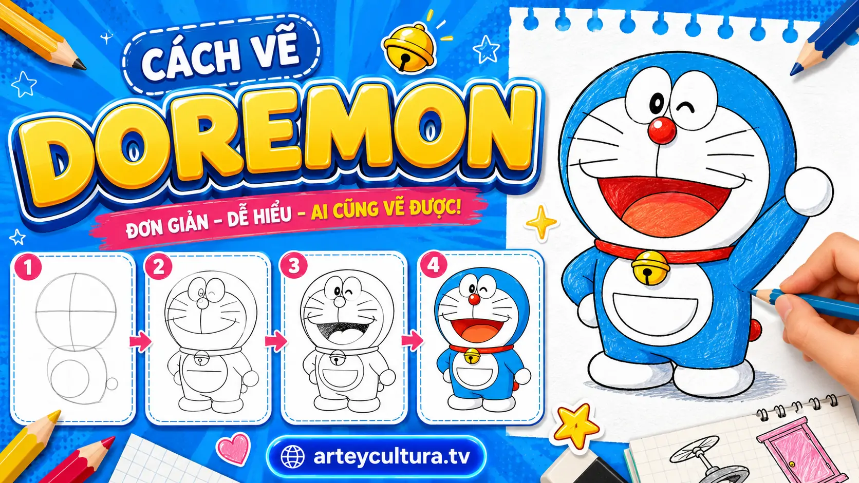 Hướng dẫn 2 Cách Vẽ Doraemon đơn giản với khung tròn nét cong mềm và màu xanh lam quen thuộc
