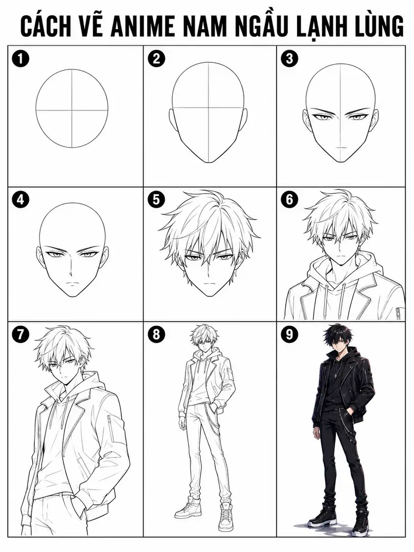 Hướng dẫn vẽ chàng trai anime ngầu cá tính với mắt đẹp, tóc bồng