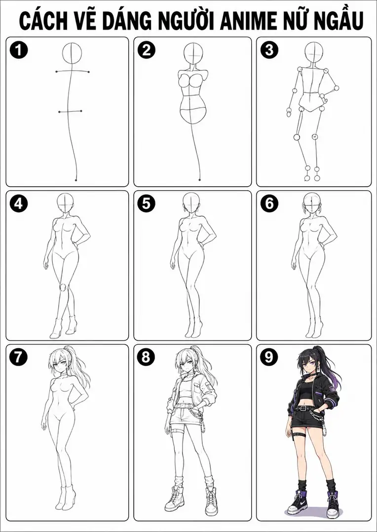 Hướng dẫn vẽ khung người con gái anime ngầu cá tính dễ hiểu bằng bút chì và khối cơ bản
