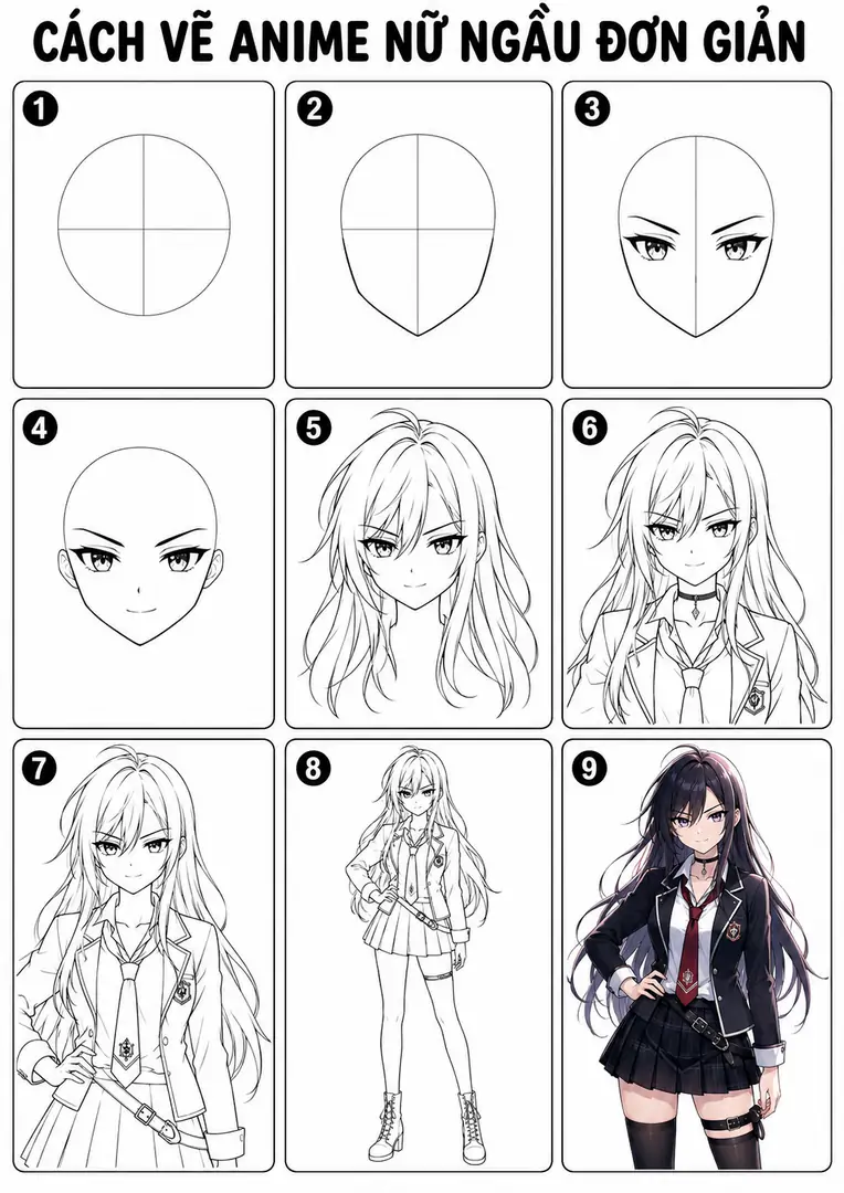 Hướng dẫn vẽ mặt anime nữ ngầu với mắt to và tóc mềm