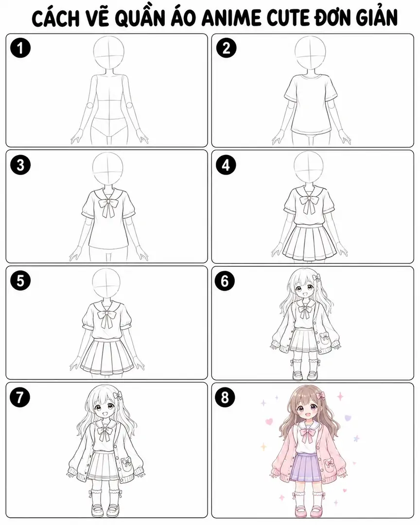Hướng dẫn vẽ quần áo anime cute bằng bút chì, cục tẩy và bảng vẽ điện tử