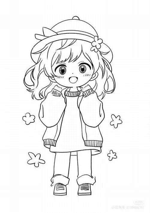 Hình vẽ chibi đơn giản vẽ bé gái đội mũ rộng vành, áo khoác nhỏ, đứng giữa vài bông hoa li ti