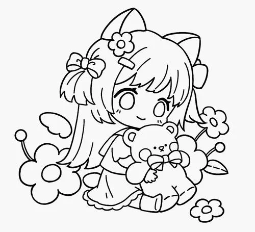 Line art chibi có cô bé tai mèo ôm thú bông, tóc ngắn rối nhẹ, ngồi trong vòng hoa mềm mại