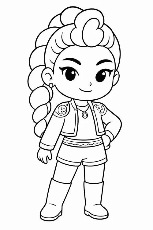Ảnh chibi không màu vẽ bé gái tóc tết mặc áo thể thao, đứng nghiêng với dáng tự tin và nét mặt nghiêm
