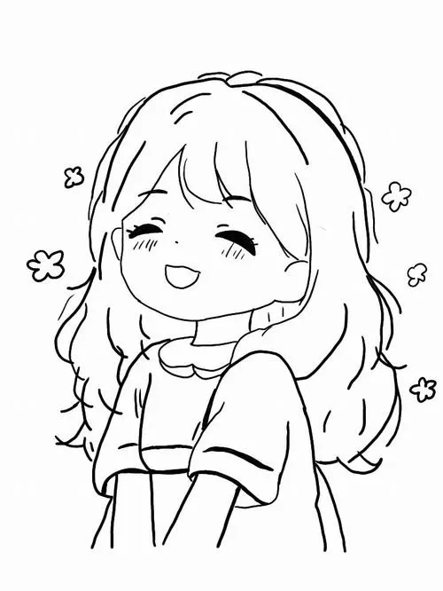 Mẫu vẽ anime mini có cô gái tóc dài đứng cười nhắm mắt, áo tay ngắn rộng và vài ngôi sao nhỏ quanh người