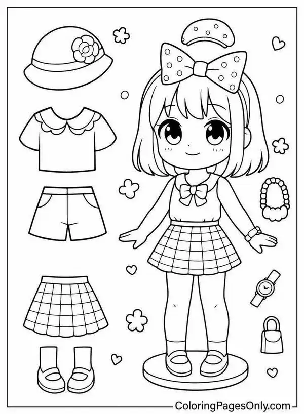 Bản vẽ phác thảo búp bê giấy chibi dễ thương đeo tạp dề nhỏ nhắn tự tay chăm sóc những chậu cây xương rồng tí hon ngoài ban công.
