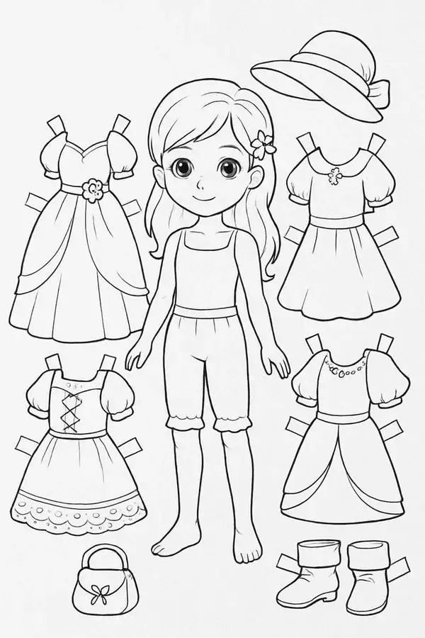 Tranh bé tập tô màu búp bê giấy chibi đang đầu bếp nhí đội mũ ca lô trắng cao vút cầm chiếc muôi múc canh nấu ăn vô cùng đảm đang.