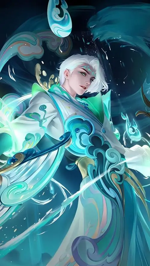 Ilumia Vương Miện Thiên Hà đứng giữa khói xanh lạnh, áo choàng rộng và bàn tay nâng nhẹ như đang gọi hiệu ứng biến về