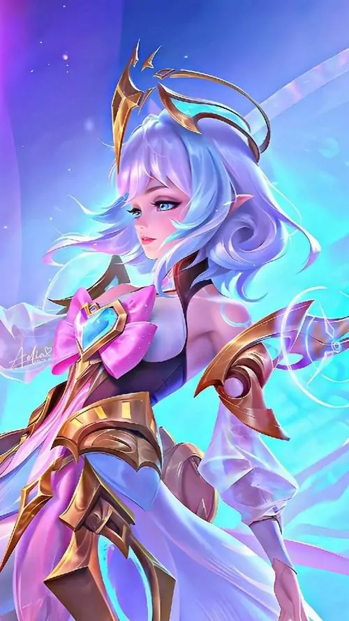 Ảnh nền Aya Công Chúa Cầu Vồng cầm trượng giữa nền xanh tím, giáp vàng tím và gương mặt vui tươi làm khung ảnh sáng bừng