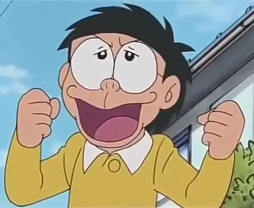 Nobita nhìn Dekisugi trả lời bài trên bảng, khuôn mặt xịu ngang diễn chuẩn cảm giác thua kém trong một buổi học quá nghiêm túc