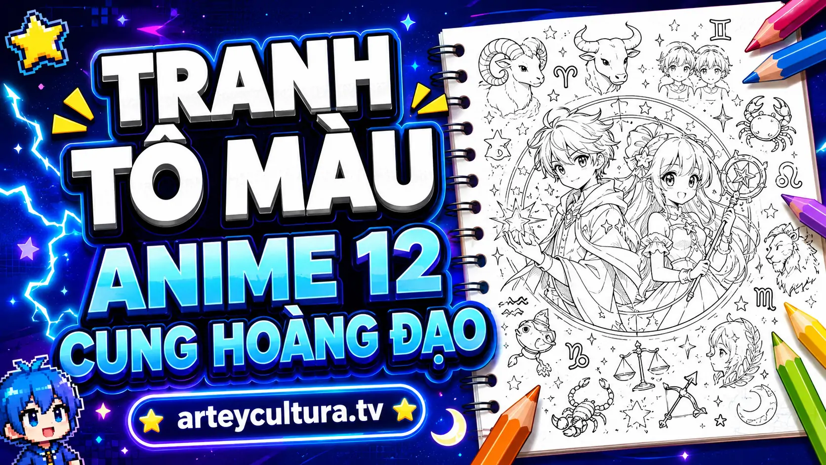 63 Tranh Tô Màu Anime 12 Cung Hoàng Đạo với đôi mắt long lanh và trang phục thần thoại huyền bí