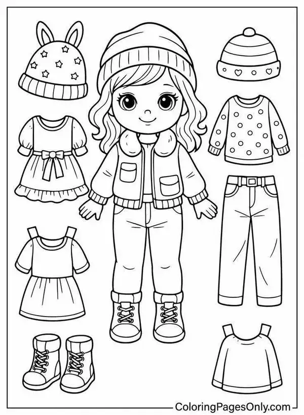 Tải hình tô màu búp bê giấy chibi mặc áo khoác phao ấm áp cùng chiếc mũ len trùm đầu che tai cực kỳ ngộ nghĩnh cho ngày đông lạnh giá.