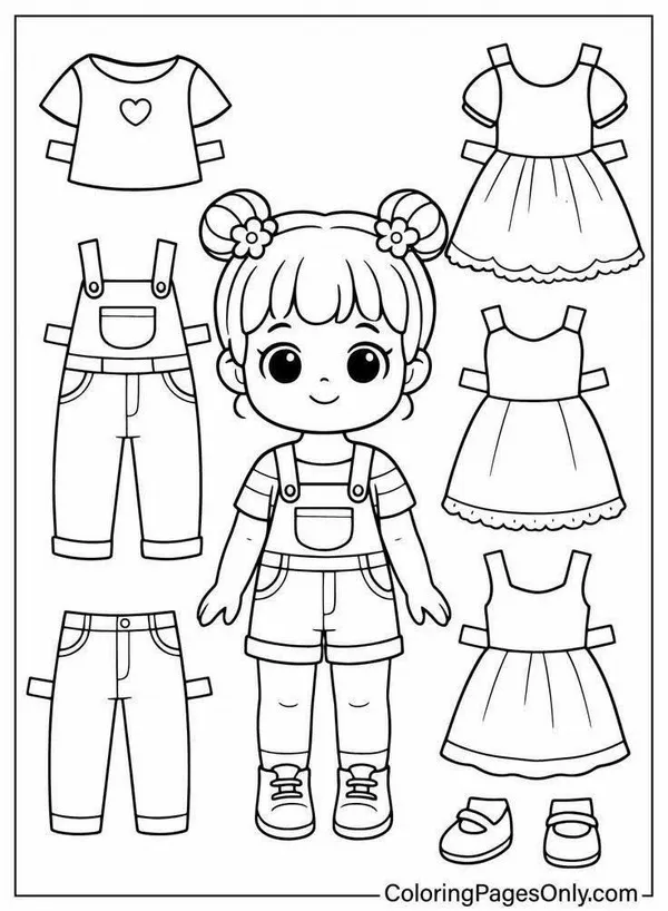 Em bé chibi tóc búi hai bên diện chiếc quần yếm bò tinh nghịch trông vừa cá tính vừa đáng yêu trên nền giấy vẽ mỹ thuật trắng tinh.