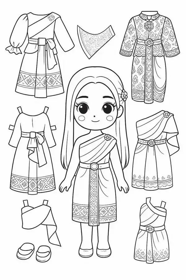 Tranh tô màu búp bê giấy chibi có khuôn mặt tròn xoe cùng bộ sưu tập váy áo cách điệu xếp xung quanh chờ bé sáng tạo phối đồ thời trang.