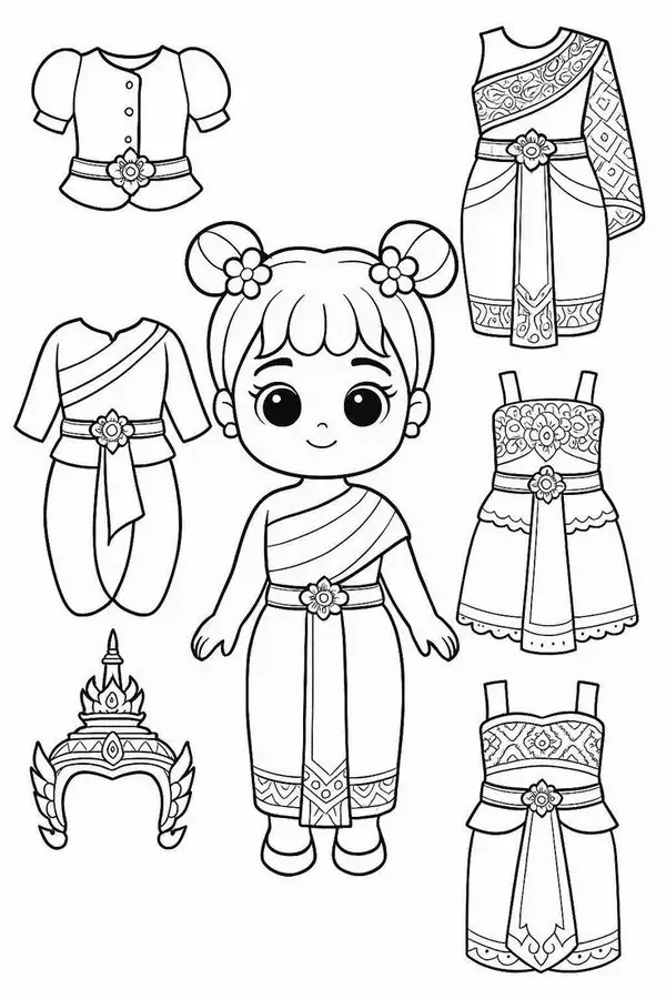 Trang tập tô màu búp bê giấy tí hon sở hữu đôi mắt to tròn long lanh đứng bên cạnh những bộ váy dạ hội lộng lẫy xếp nếp ngay ngắn.