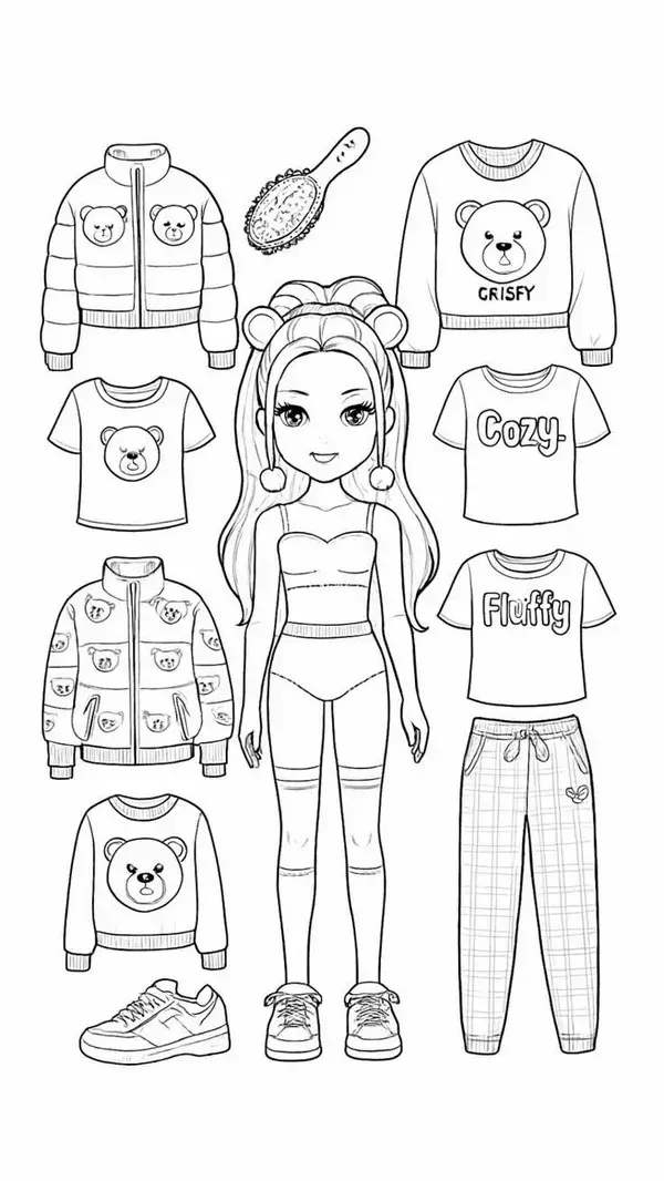 Phác thảo búp bê giấy phong cách Nhật Bản diện quần jeans năng động cùng giày thể thao khỏe khoắn cho bé gái thỏa sức tô vẽ hộp màu.