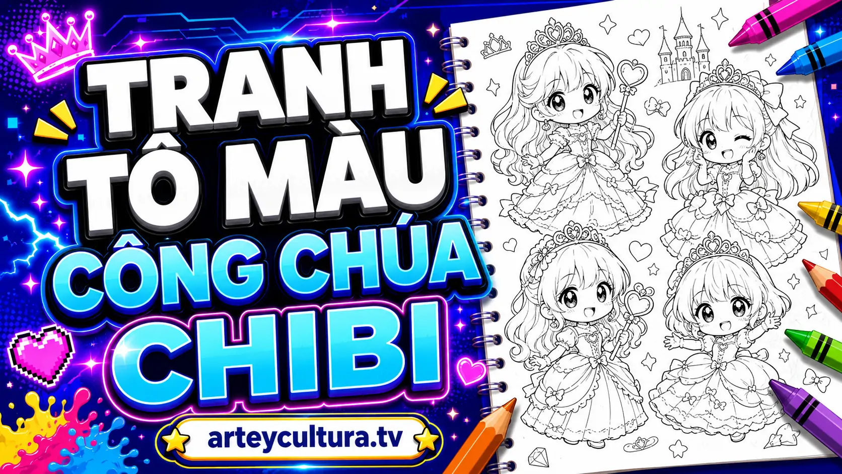 110 Tranh Tô Màu Công Chúa Chibi cute dễ thương cùng vương miện lấp lánh và váy dạ hội xinh xắn