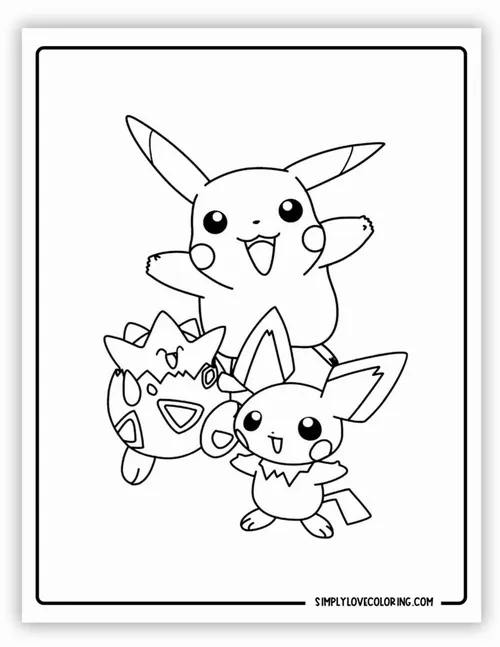 File in rõ nét Pikachu đứng cùng các bạn Pokémon nhỏ, bố cục nhóm nhân vật tạo cảm giác vui như cảnh gặp gỡ