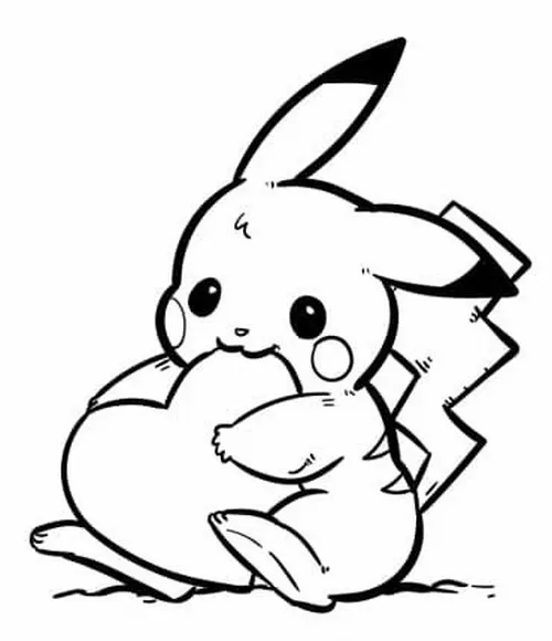 Tải hình tô màu Pikachu ôm chiếc gối lớn trong tư thế ngồi nghiêng, đôi mắt buồn làm bức vẽ rất đáng yêu