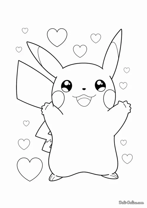 Pikachu đứng giữa nền đầy trái tim nhỏ, hai tay mở ra như đang chào bạn bằng nụ cười tinh nghịch
