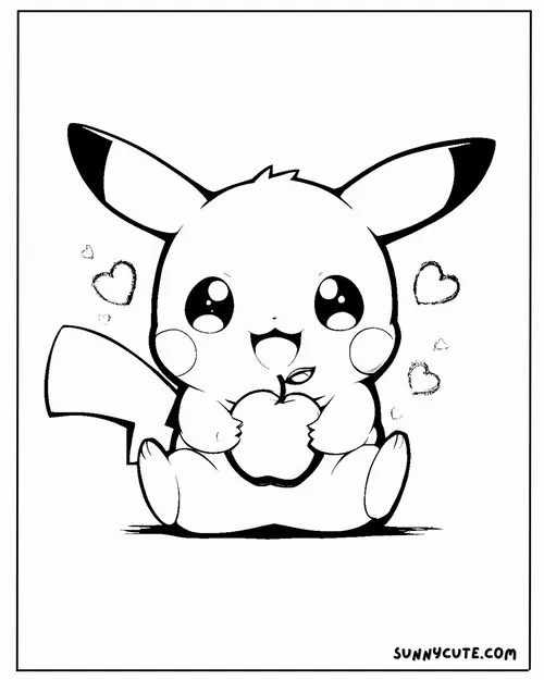 Tranh nét vẽ Pikachu ngồi ôm món đồ nhỏ trước bụng, đôi mắt tròn và má đỏ gợi nét ngây thơ