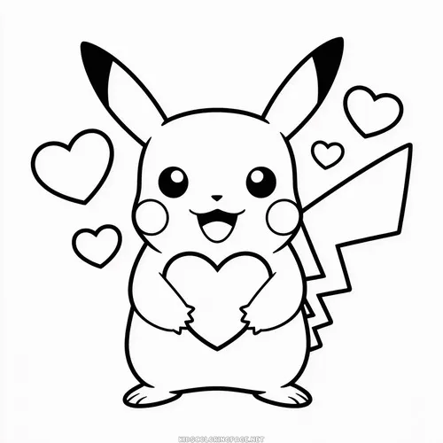 Mẫu in trang tập tô màu Pikachu cầm trái tim nhỏ giữa nhiều trái tim bay, chiếc đuôi gấp khúc hiện rõ sau lưng