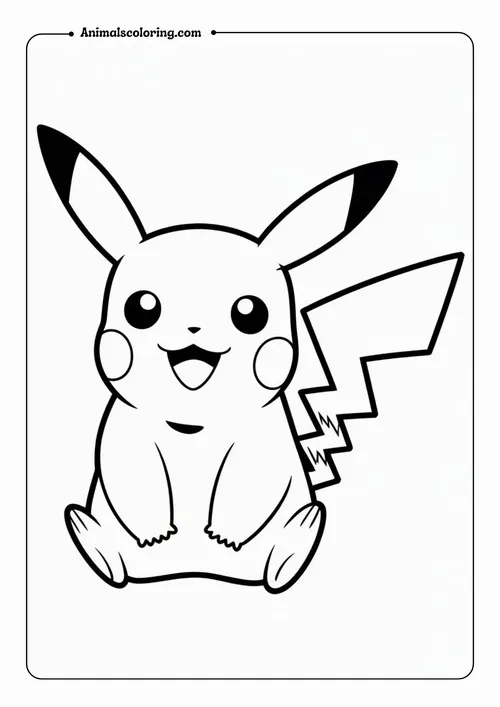 Pikachu ngồi ngay ngắn trên khung giấy đơn giản, đường viền mảnh giúp bé dễ nhận ra tai chóp đen