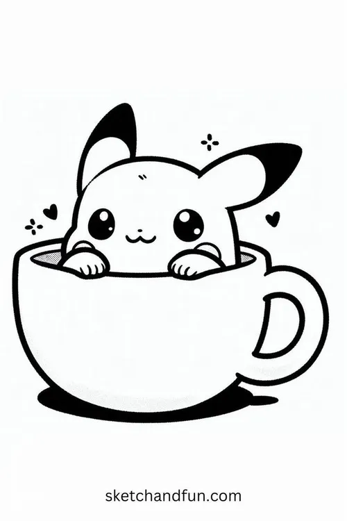 Pikachu núp trong chiếc cốc lớn, hai tay đặt trên miệng cốc và khuôn mặt nhỏ nhìn cực kỳ ngộ nghĩnh