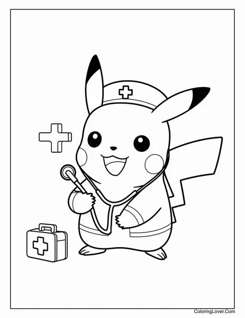 Pikachu mặc đồ y tá cầm dụng cụ y tế, nụ cười tươi khiến hình tô màu Pokémon hệ điện hợp cho trẻ 6 tuổi