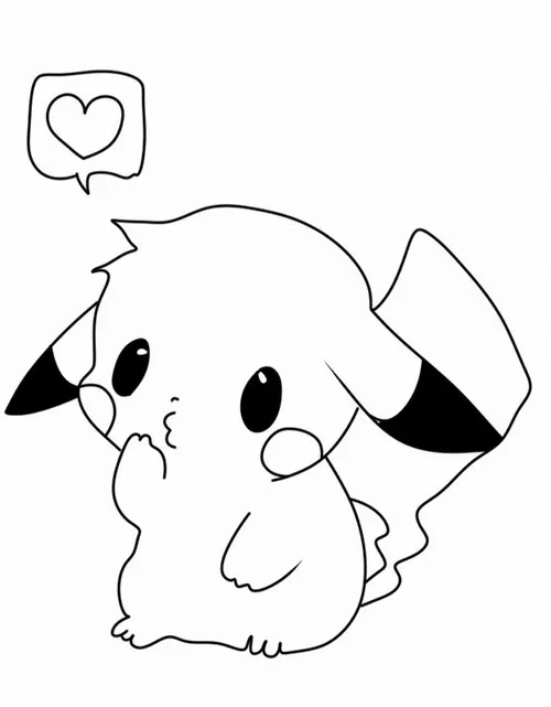 Tranh tô màu Pikachu cúi mặt đáng thương bên trái tim nhỏ, đôi tai cụp xuống tạo cảm giác rất hiền và dễ thương