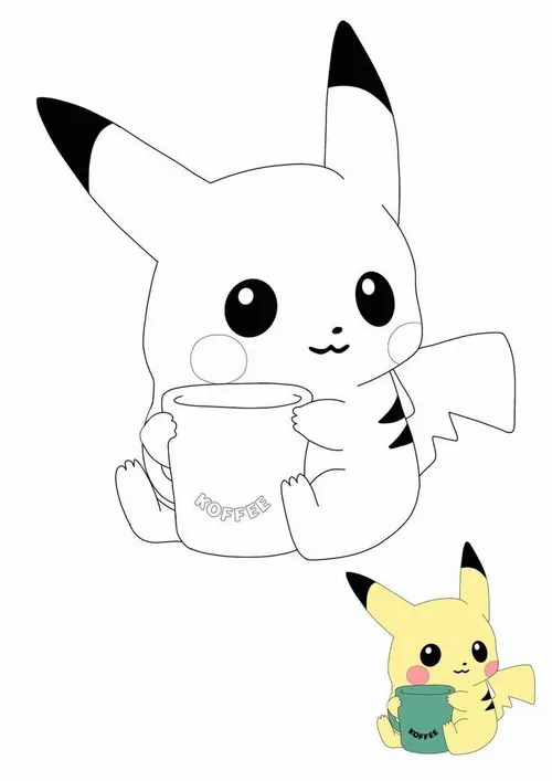 Pikachu ôm chiếc cốc nhỏ với vẻ mặt ngơ ngác, bên dưới có hình chuột điện màu vàng làm mẫu tô xinh xắn