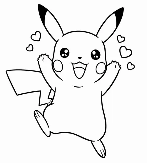 Pikachu nhảy lên vui vẻ giữa nhiều trái tim nhỏ, nét mặt rạng rỡ rất hợp cho bé 8 tuổi tập tô cảm xúc