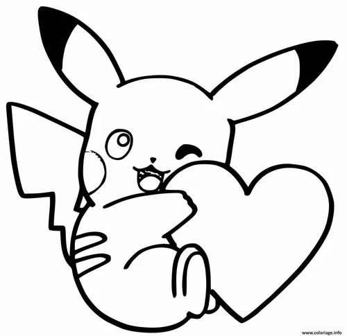 Trang tập tô màu Pikachu ôm trái tim lớn trước ngực, đôi má tròn và đôi tai cao khiến hình vẽ thêm ngọt ngào