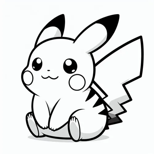 Hình vẽ Pikachu chưa tô màu đang ngồi mỉm cười, hai má tròn nổi bật và đuôi sấm sét dựng phía sau